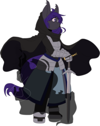 Size: 795x1005 | Tagged: safe, artist:kagugle, oc, oc only, oc:knight watch, bat pony, anthro, anthro oc, armor, bat pony oc, dark souls, dark souls 3, darkness, elementbrigade, fanfic art, female, hooded cape, katana, solo, sword, weapon