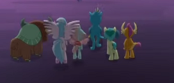 Size: 341x163 | Tagged: safe, screencap, gallus, ocellus, sandbar, silverstream, smolder, yona, changedling, changeling, classical hippogriff, earth pony, hippogriff, pony, g4, season 9, uprooted, cropped, female, male, picture for breezies, student six