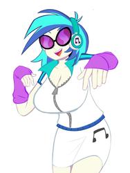 Size: 1536x2048 | Tagged: safe, artist:vicsagod, dj pon-3, vinyl scratch, equestria girls, g4, big breasts, breasts, busty vinyl scratch, cleavage, commission, female, headphones, simple background, solo, sunglasses, white background