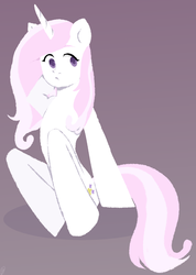 Size: 1200x1684 | Tagged: safe, artist:renka2802, fleur-de-lis, unicorn, semi-anthro, g4, arm hooves, colored pupils, cute, female, fleurabetes, hooves behind head, mare, no catchlights, purple background, simple background, sitting, solo
