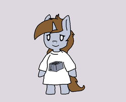 Size: 612x498 | Tagged: safe, artist:firecracker, edit, oc, oc only, oc:littlepip, pony, unicorn, fallout equestria, bipedal, clothes, fanfic, fanfic art, female, gray background, hooves, horn, mare, shirt, simple background, smiling, solo, t-shirt, toaster, toaster repair pony