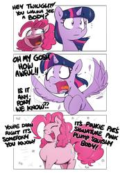 Size: 935x1350 | Tagged: safe, artist:shoutingisfun, pinkie pie, twilight sparkle, alicorn, earth pony, pony, g4, :d, bait and switch, chubby, comic, dialogue, eyes closed, female, mare, misunderstanding, mood whiplash, open mouth, plump, simple background, sparkles, spread wings, twilight sparkle (alicorn), white background, wings