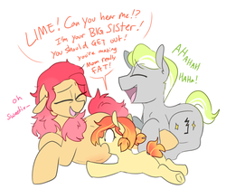 Size: 1161x971 | Tagged: safe, artist:redxbacon, oc, oc only, oc:crotchet beat, oc:golden eight, oc:sunny lane, oc:trash, pony, cute, family, father and daughter, female, filly, laughing, male, mare, mother and daughter, pregnant, stallion, younger