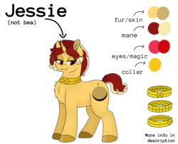 Size: 1175x956 | Tagged: safe, artist:69beas, oc, oc only, oc:jessie feuer, pony, unicorn, chest fluff, collar, digital art, ear fluff, female, lidded eyes, mare, reference sheet, simple background, solo, text, transparent background