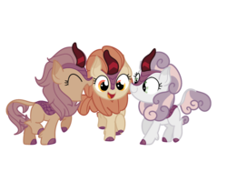 Size: 2500x2000 | Tagged: safe, artist:andromedasparkz, apple bloom, scootaloo, sweetie belle, kirin, g4, cutie mark crusaders, eyes closed, female, high res, kirin apple bloom, kirin-ified, simple background, smiling, species swap, transparent background