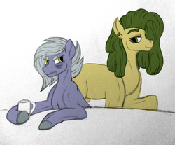 Size: 2500x2072 | Tagged: safe, artist:thr3eguess3s, limestone pie, oc, oc:apple core, earth pony, pony, g4, bags under eyes, coffee mug, duo, eyebrows, female, high res, mare, mixed media, morning ponies, mother and daughter, mug, offspring, parent:big macintosh, parent:limestone pie, parents:limemac, vulgar description