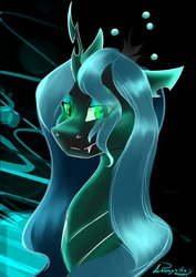 Size: 3508x4961 | Tagged: safe, artist:dankpegasista, derpibooru exclusive, queen chrysalis, changeling, changeling queen, g4, eye clipping through hair, female, glowing eyes, looking at you, neon, poster, signature, simple background, solo