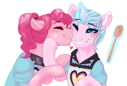 Size: 3137x2137 | Tagged: safe, artist:miamaha, pinkie pie, sunny sugarsocks, pony, unicorn, coinky-dink world, eqg summertime shorts, g4, alternate universe, clothes, cute, equestria girls ponified, eyes closed, female, glowing horn, high res, horn, human pony pinkie pie, lesbian, mare, ponified, server pinkie pie, shipping, smiling, sunnypie
