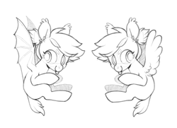 Size: 1080x781 | Tagged: safe, artist:amphoera, oc, oc only, bat pony, pegasus, pony, cute, monochrome, simple background, solo, tongue out, white background