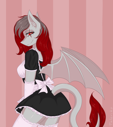 Size: 3900x4400 | Tagged: safe, artist:taleriko, oc, oc only, monster pony, anthro, rcf community, bat wings, clothes, cute, female, maid, solo, stockings, thigh highs, wings