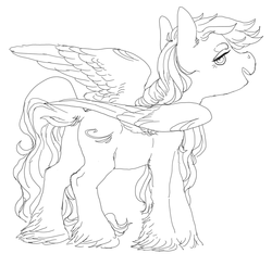 Size: 1034x1013 | Tagged: safe, artist:amphoera, oc, oc only, pegasus, pony, lineart, open mouth, partially open wings, simple background, solo, unshorn fetlocks, white background, wings