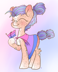 Size: 2000x2500 | Tagged: safe, artist:katyusha, oc, oc only, oc:maybree, earth pony, pony, bandaids, bisexual pride flag, bisexuality, female, filly, freckles, happy, high res, lgbt, pride, pride flag, pride flag cape, purple hair, solo, tomboy