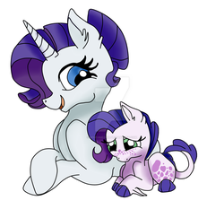 Size: 1024x955 | Tagged: safe, artist:wiseunicorn, rarity, oc, oc:notte illuminata, dracony, hybrid, pony, unicorn, g4, alternate hairstyle, crossed hooves, deviantart watermark, female, filly, freckles, interspecies offspring, leonine tail, mama rarity, mare, mother and child, mother and daughter, obtrusive watermark, offspring, parent:rarity, parent:spike, parents:sparity, prone, scales, simple background, unshorn fetlocks, watermark, white background