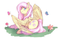 Size: 1024x683 | Tagged: safe, artist:ravenwithpens, fluttershy, butterfly, pegasus, pony, g4, female, flower, looking at you, looking back, looking back at you, mare, simple background, solo, white background