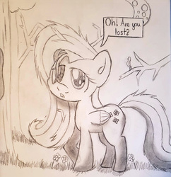 Size: 1512x1559 | Tagged: safe, artist:scootaloormayfly, fluttershy, bird, pegasus, pony, g4, crescent moon, dialogue, female, folded wings, forest, looking at you, mare, messy mane, moon, open mouth, outdoors, pencil drawing, solo, speech bubble, standing, stray strand, traditional art, tree, wings