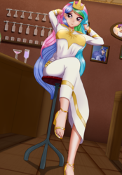 Size: 1257x1811 | Tagged: safe, artist:focusb, princess celestia, human, g4, bar, clothes, dress, female, humanized, open mouth, sandals, sitting, solo, stool