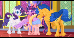 Size: 1802x919 | Tagged: safe, artist:makkah, flash sentry, rarity, twilight sparkle, alicorn, pony, g4, blushing, bow, boxers, chest fluff, clothes, curved horn, dress, embarrassed, embarrassed underwear exposure, featureless crotch, female, floppy ears, fluffy, hair bow, horn, male, mouth hold, scar, ship:flashlight, shipping, skirt, skirt lift, socks, story included, straight, twilight sparkle (alicorn), two toned wings, underwear, upskirt, wardrobe malfunction