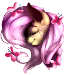 Size: 1024x1165 | Tagged: safe, artist:ravenwithpens, fluttershy, butterfly, pony, g4, alternative cutie mark placement, bust, eyes closed, female, mare, simple background, smiling, solo, speedpaint, stray strand, transparent background