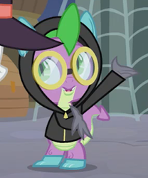 Size: 236x283 | Tagged: safe, screencap, spike, dragon, g4, season 9, sparkle's seven, claws, clothes, costume, cropped, dangerous mission outfit, detective, goggles, hoodie, male, winged spike, wings