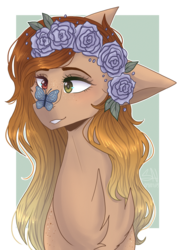 Size: 1419x1978 | Tagged: safe, artist:shadow-nights, oc, oc only, oc:firelight, butterfly, pony, butterfly on nose, commission, cute, female, floral head wreath, flower, heterochromia, insect on nose, mare, smiling, solo, ych result