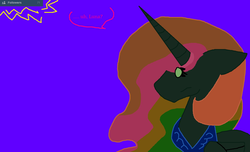 Size: 1256x762 | Tagged: safe, artist:dazzlingmimi, princess celestia, alicorn, pony, tumblr:the sun has inverted, g4, :l, :|, blue background, color change, darkened coat, female, follower count, followers, green eye, indigo background, invert princess celestia, inverted, inverted colors, inverted princess celestia, jewelry, necklace, purple background, rainbow hair, regalia, sidemouth, simple background, solo, speech bubble, tumblr, violet background, word bubble