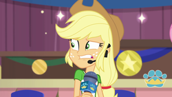Size: 1920x1080 | Tagged: safe, screencap, applejack, best in show: the victory lap, equestria girls, g4, my little pony equestria girls: better together, applejack's shirt with a collar, clothes, collar, collar shirt, cowboy hat, female, freckles, grossed out, hair, hat, microphone, ponytail, shirt, shirt with a collar, t-shirt, teenager, winced
