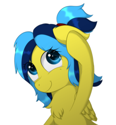 Size: 720x771 | Tagged: safe, artist:gleamyvision, oc, oc only, oc:sino, oc:sinoquestria, pegasus, pony, big eyes, chest fluff, cute, digital art, female, filly, folded wings, medibang paint, one ear down, ribbon, smiling, solo