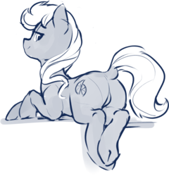 Size: 1280x1332 | Tagged: safe, artist:dimfann, oc, oc only, earth pony, pony, butt, dock, featureless crotch, female, lidded eyes, looking at you, looking back, looking back at you, monochrome, plot, rear view, simple background, sketch, smiling, solo, underhoof, white background
