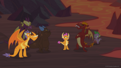 Size: 1280x720 | Tagged: safe, edit, edited screencap, screencap, billy, clump, garble, smolder, spear (g4), spike, dragon, g4, season 9, sweet and smoky, dragoness, female, group, lava, male, raised eyebrow, theory, winged spike, wings