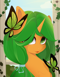 Size: 3000x3800 | Tagged: safe, artist:xsatanielx, oc, oc only, oc:main puppet, butterfly, pony, unicorn, rcf community, bust, commission, female, high res, mare, portrait, solo