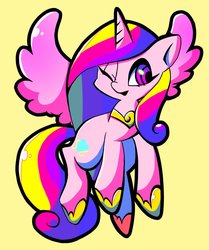 Size: 1204x1441 | Tagged: safe, artist:asg5528, princess cadance, alicorn, pony, g4, cute, cutedance, female, jewelry, mare, one eye closed, regalia, simple background, solo, wink, yellow background