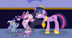 Size: 900x470 | Tagged: safe, artist:nere-san, twilight sparkle, oc, oc:bloomed sparkle, oc:ruby, alicorn, changedling, changeling, changepony, hybrid, pony, g4, antlers, base used, deviantart watermark, hoof shoes, horseshoes, interspecies offspring, obtrusive watermark, offspring, parent:princess ember, parent:spike, parent:thorax, parent:twilight sparkle, parents:emberspike, parents:twirax, pencil, twilight sparkle (alicorn), watermark