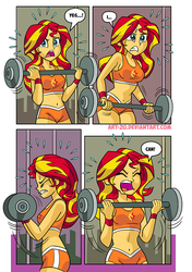 Size: 598x851 | Tagged: safe, artist:art-2u, sunset shimmer, comic:gym partners, equestria girls, g4, belly button, breasts, clothes, comic, eyes closed, female, midriff, open mouth, shorts, solo, sports bra, sports shorts, sweat, weight lifting, weights, workout, workout outfit, wristband