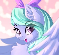 Size: 3713x3449 | Tagged: safe, artist:airiniblock, flitter, pegasus, pony, rcf community, g4, beautiful, bust, cheek fluff, chest fluff, cloud, commission, cute, ear fluff, evening, eye clipping through hair, female, flitterbetes, high res, looking at you, mare, open mouth, portrait, sky, smiling, solo, spread wings, wings