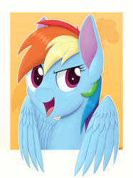 Size: 2622x3508 | Tagged: safe, artist:arcane-thunder, rainbow dash, pegasus, pony, g4, bust, female, high res, mare, open mouth, portrait, simple background, smiling, solo