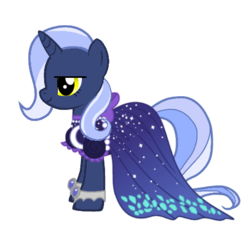 Size: 476x443 | Tagged: safe, artist:purplewonderpower, oc, oc:sapphire radiance, pony, unicorn, canterlot boutique, g4, clothes, dress, female, gala dress, over the moon