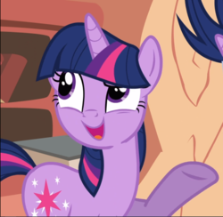 Size: 964x939 | Tagged: safe, screencap, twilight sparkle, pony, unicorn, g4, it's about time, cropped, female, golden oaks library, offscreen character, open mouth, raised eyebrow, smiling, solo focus, unicorn twilight