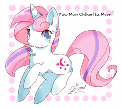 Size: 795x710 | Tagged: safe, artist:chikoritamoon, pony, unicorn, children of the night, abstract background, blushing, chest fluff, ear fluff, female, horn, mare, signature, smiling, solo