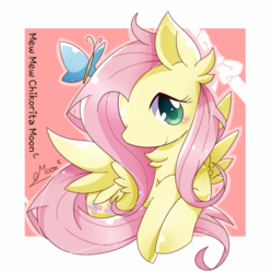 Size: 800x800 | Tagged: safe, artist:chikoritamoon, fluttershy, butterfly, pegasus, pony, g4, abstract background, blushing, chest fluff, female, looking at you, mare, signature, smiling, solo, spread wings, wings