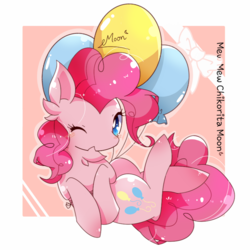 Size: 800x800 | Tagged: safe, artist:chikoritamoon, pinkie pie, earth pony, pony, g4, abstract background, balloon, chest fluff, ear fluff, female, flying, looking at you, mare, one eye closed, signature, solo, wink
