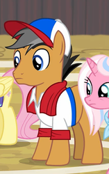 Size: 349x555 | Tagged: safe, screencap, clear sky, fluttershy, quibble pants, earth pony, pony, unicorn, common ground, g4, season 9, buckball uniform, cap, clothes, cropped, hat, offscreen character, solo focus