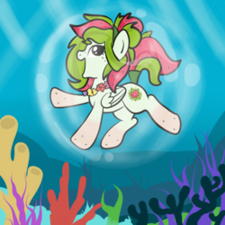 Size: 2100x2100 | Tagged: safe, artist:sjart117, oc, oc only, oc:watermelana, pegasus, pony, bubble, coral, female, freckles, gradient hooves, high res, lei, mare, ocean, seabed, seaweed, smiling, solo, underwater, water