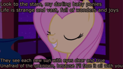 Size: 1280x720 | Tagged: safe, edit, edited screencap, screencap, fluttershy, pony, g4, stare master, caption, ducktales, ducktales 2017, female, hush now quiet now, image macro, solo, spoilers for another series, text