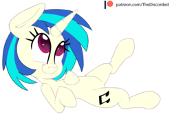 Size: 2000x1404 | Tagged: safe, artist:discorded, dj pon-3, vinyl scratch, pony, g4, cute, cutie mark, female, looking up, missing accessory, on back, on side, patreon, patreon logo, patreon reward, simple background, smiling, solo, vinylbetes, white background