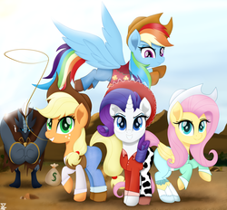 Size: 5990x5547 | Tagged: safe, artist:theretroart88, applejack, fluttershy, rainbow dash, rarity, earth pony, pegasus, pony, unicorn, g4, my little pony: the movie, absurd resolution, bag, boots, clothes, cowboy hat, cowgirl, cowgirl outfit, crossover, female, freckles, hat, jessie (toy story), lasso, looking at you, mare, money bag, moneybags, movie accurate, pants, raised hoof, rope, shoes, smiling, stetson, storm guard, tied hands, tied up, toy story, western, woody