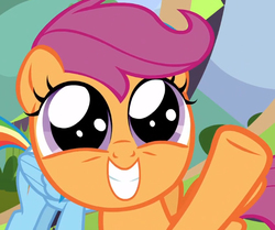 Size: 621x520 | Tagged: safe, screencap, scootaloo, pegasus, pony, g4, cute, cutealoo, faic, female, filly, raised hoof, smiling, wide eyes