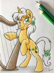 Size: 800x1088 | Tagged: safe, artist:littlehybridshila, oc, oc only, oc:forest lullaby, pony, unicorn, bipedal, blushing, clover, colored pencil drawing, colored pencils, female, four leaf clover, harp, looking at you, mare, musical instrument, shamrock, solo, traditional art