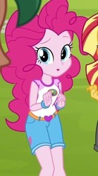 Size: 297x534 | Tagged: safe, screencap, pinkie pie, sunset shimmer, equestria girls, g4, my little pony equestria girls: legend of everfree, cropped, cute, diapinkes, female, solo focus
