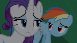 Size: 1670x938 | Tagged: safe, screencap, rainbow dash, rarity, pegasus, pony, unicorn, dragon quest, g4, cropped, cutie mark, disappointed, duo, female, frown, lidded eyes, looking at each other, mare, raised eyebrow