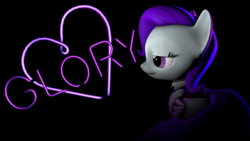 Size: 3840x2160 | Tagged: safe, artist:awgear, oc, oc:morning glory (project horizons), pegasus, pony, fallout equestria, fallout equestria: project horizons, 3d, black background, branded, clothes, cutie mark, fallout, fanfic art, gray coat, high res, neon, purple eyes, purple mane, purple tail, simple background, source filmmaker, wallpaper
